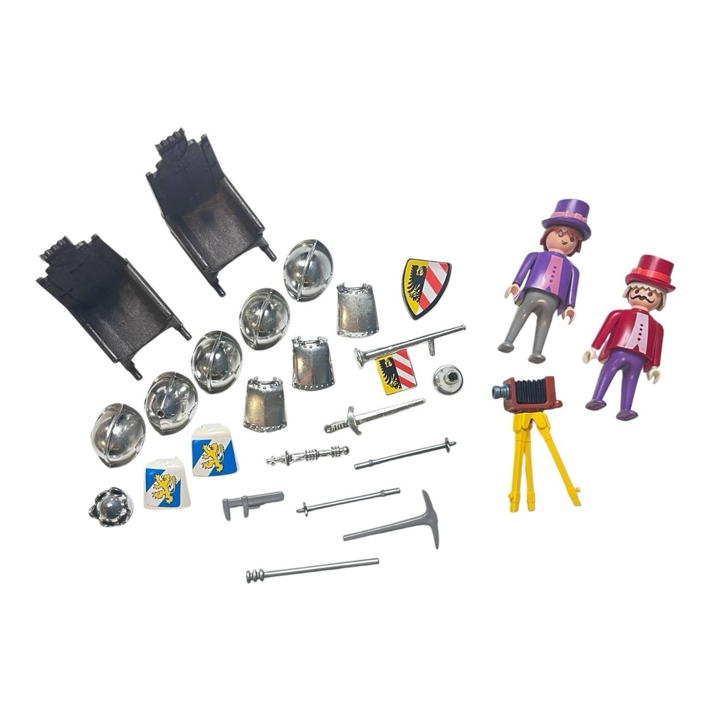 Vtg Playmobil 30+ Piece Kingdom Chairs Hats Shields Circus Men Camera Tools‎